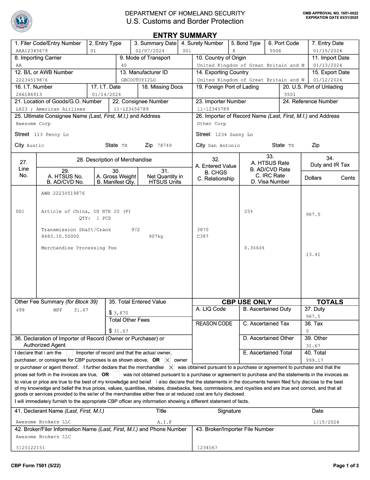 CBP Form 7501